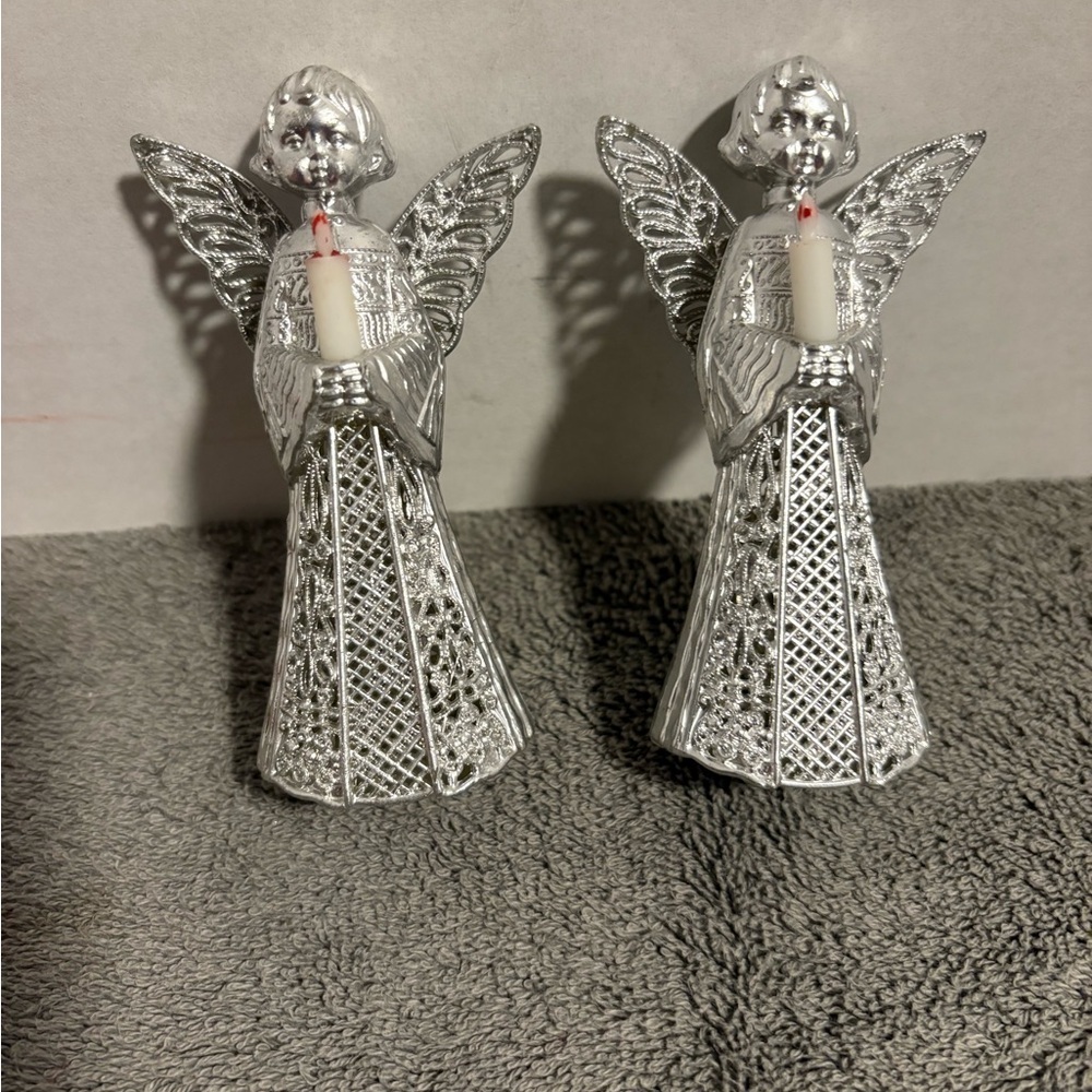 2 Vintage 1970’s Giftco Silvery Angels Plastic Christmas Tree Ornaments Retro